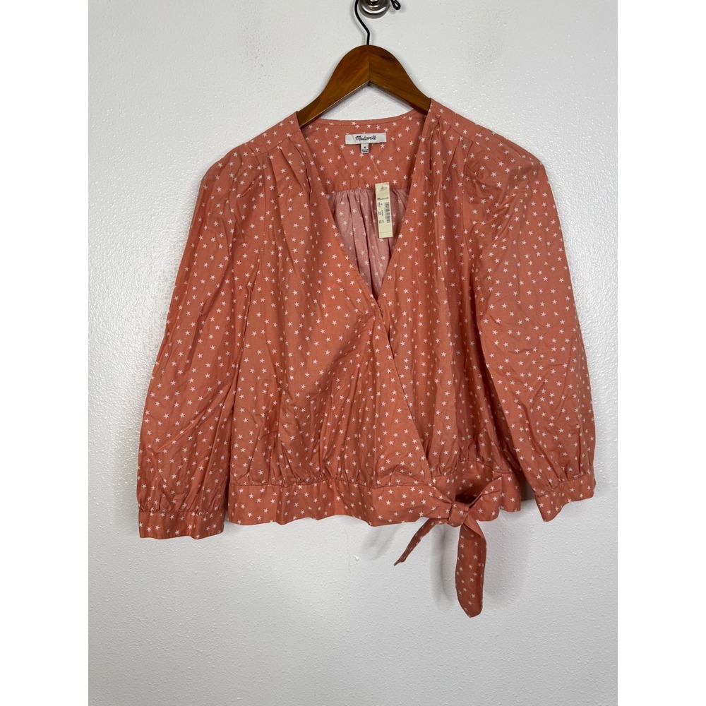 Madewell Star Print Wrap Top Coral Terracotta‎ Cotton V-Neck Tie Blouse G7804 M